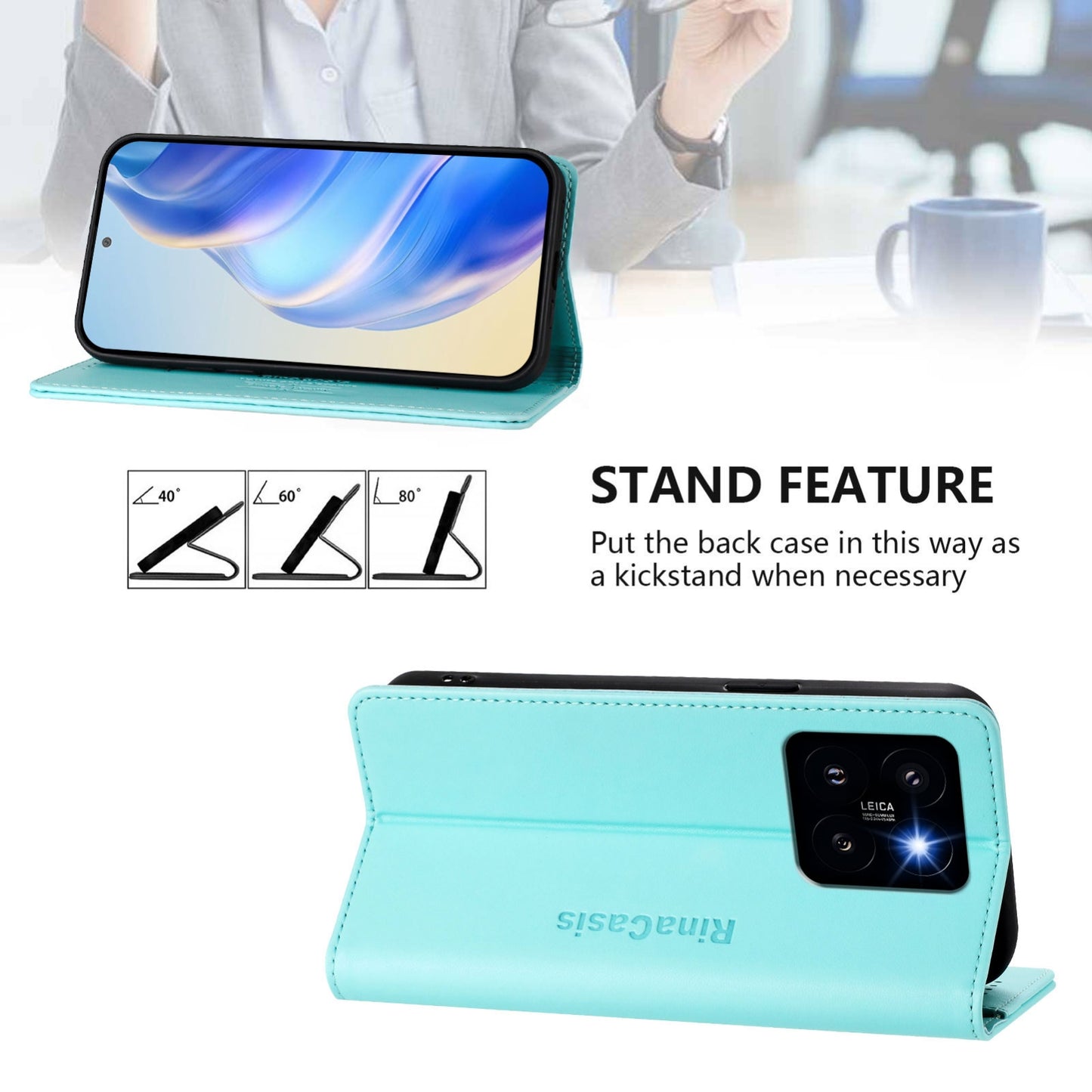 Xiaomi 14 Pro 5G Dual-Folded Magnetic Suction RFID Blocking PU Leather Wallet Phone Case with Card Slots, Cash Pocket, Kickstand, Full Protective Flip Cover