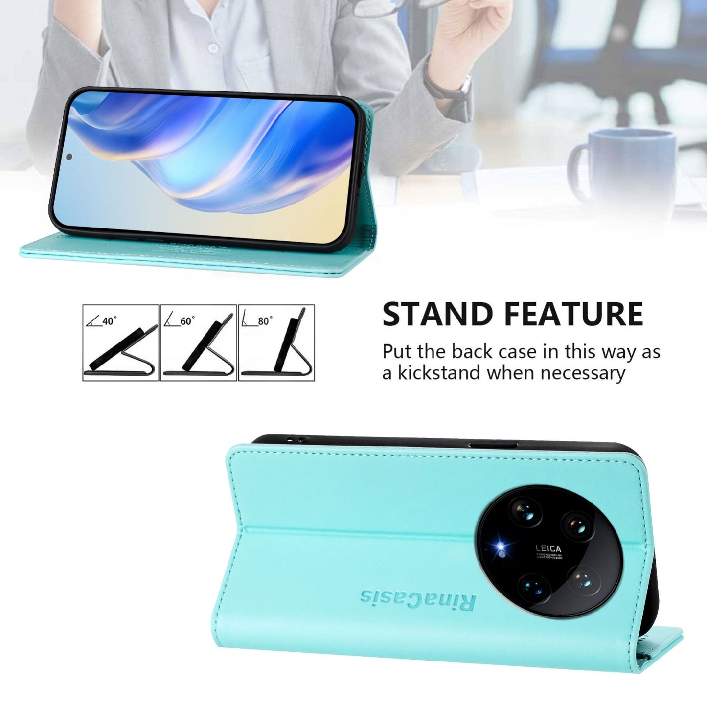 Xiaomi 14 Ultra 5G Dual-Folded Magnetic Suction RFID Blocking PU Leather Wallet Phone Case with Card Slots, Cash Pocket, Kickstand, Full Protective Flip Cover