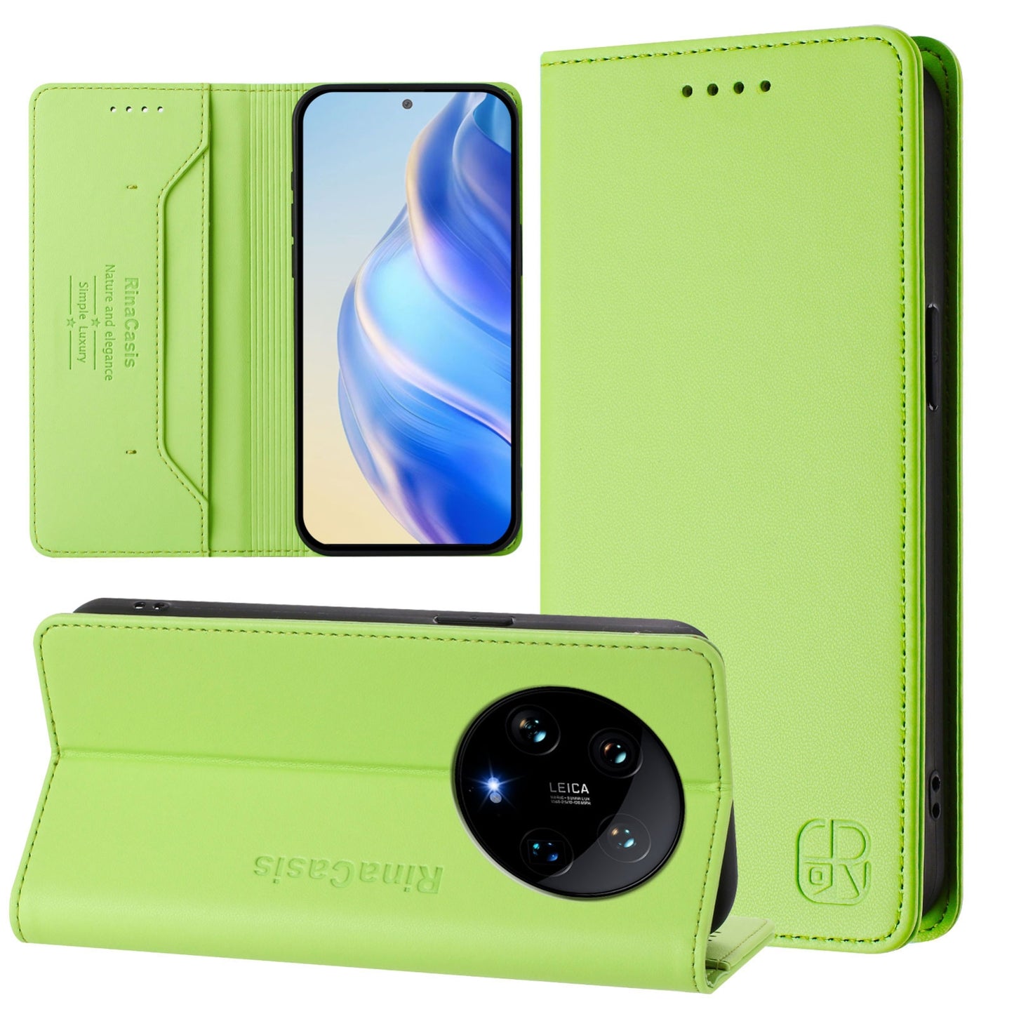 Xiaomi 14 Ultra 5G Dual-Folded Magnetic Suction RFID Blocking PU Leather Wallet Phone Case with Card Slots, Cash Pocket, Kickstand, Full Protective Flip Cover