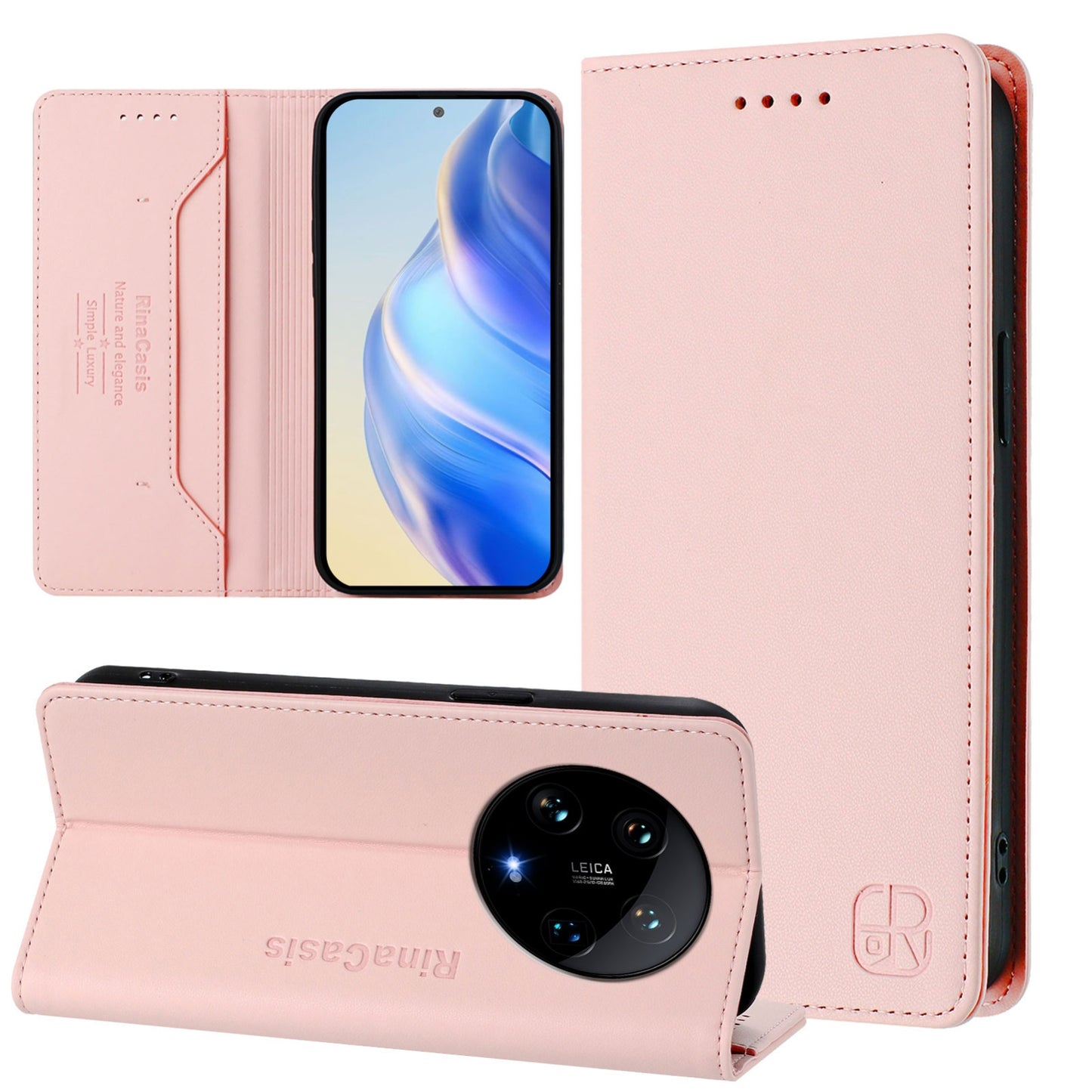Xiaomi 14 Ultra 5G Dual-Folded Magnetic Suction RFID Blocking PU Leather Wallet Phone Case with Card Slots, Cash Pocket, Kickstand, Full Protective Flip Cover