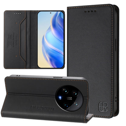 Xiaomi 14 Ultra 5G Dual-Folded Magnetic Suction RFID Blocking PU Leather Wallet Phone Case with Card Slots, Cash Pocket, Kickstand, Full Protective Flip Cover
