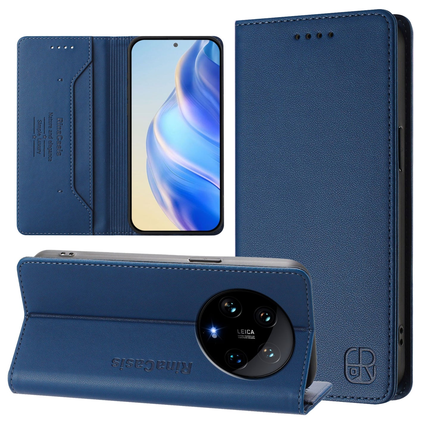 Xiaomi 14 Ultra 5G Dual-Folded Magnetic Suction RFID Blocking PU Leather Wallet Phone Case with Card Slots, Cash Pocket, Kickstand, Full Protective Flip Cover