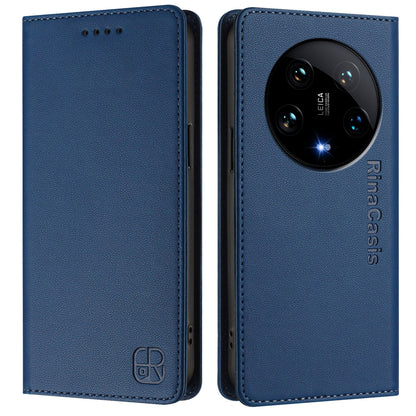 Xiaomi 14 Ultra 5G Dual-Folded Magnetic Suction RFID Blocking PU Leather Wallet Phone Case with Card Slots, Cash Pocket, Kickstand, Full Protective Flip Cover