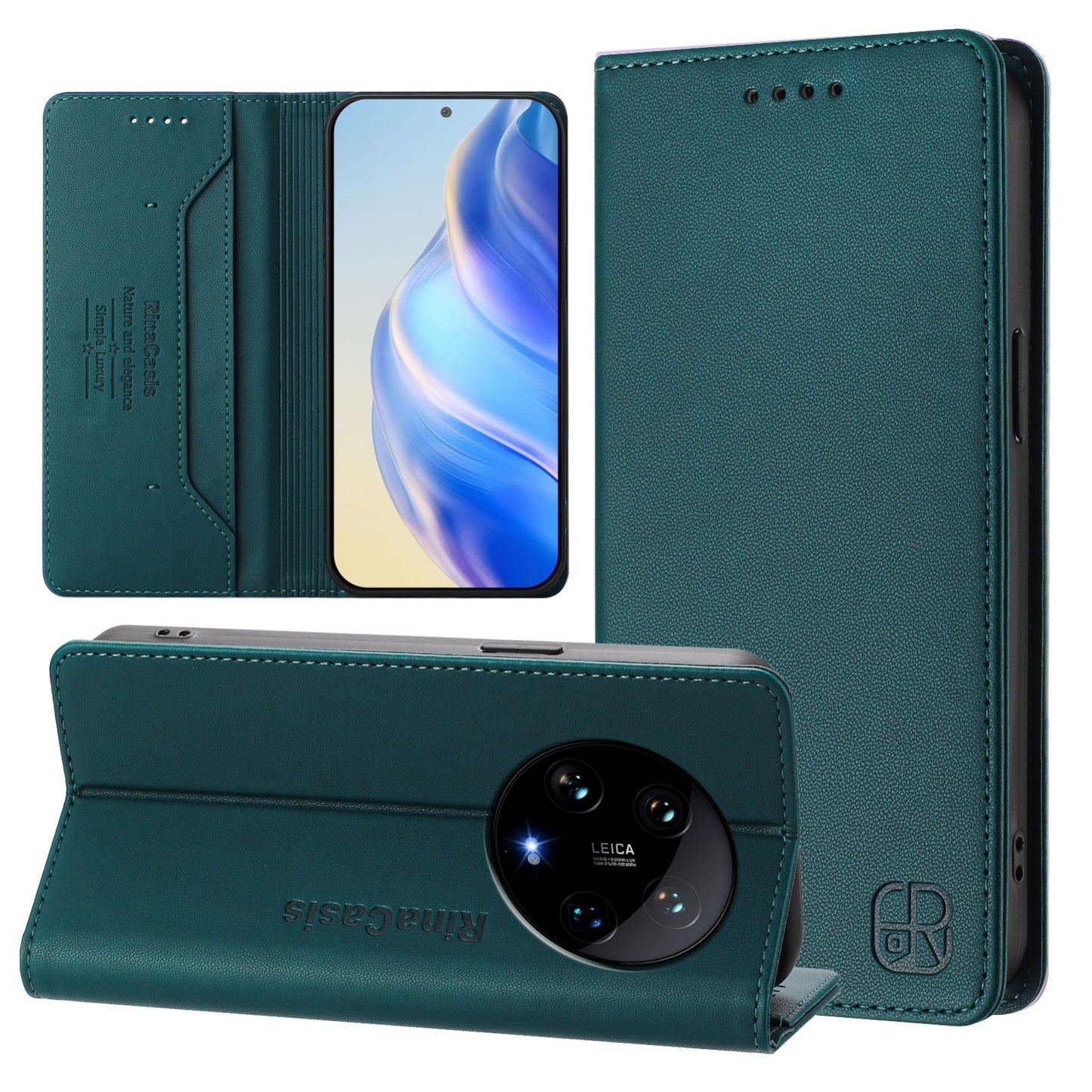 Xiaomi 14 Ultra 5G Dual-Folded Magnetic Suction RFID Blocking PU Leather Wallet Phone Case with Card Slots, Cash Pocket, Kickstand, Full Protective Flip Cover