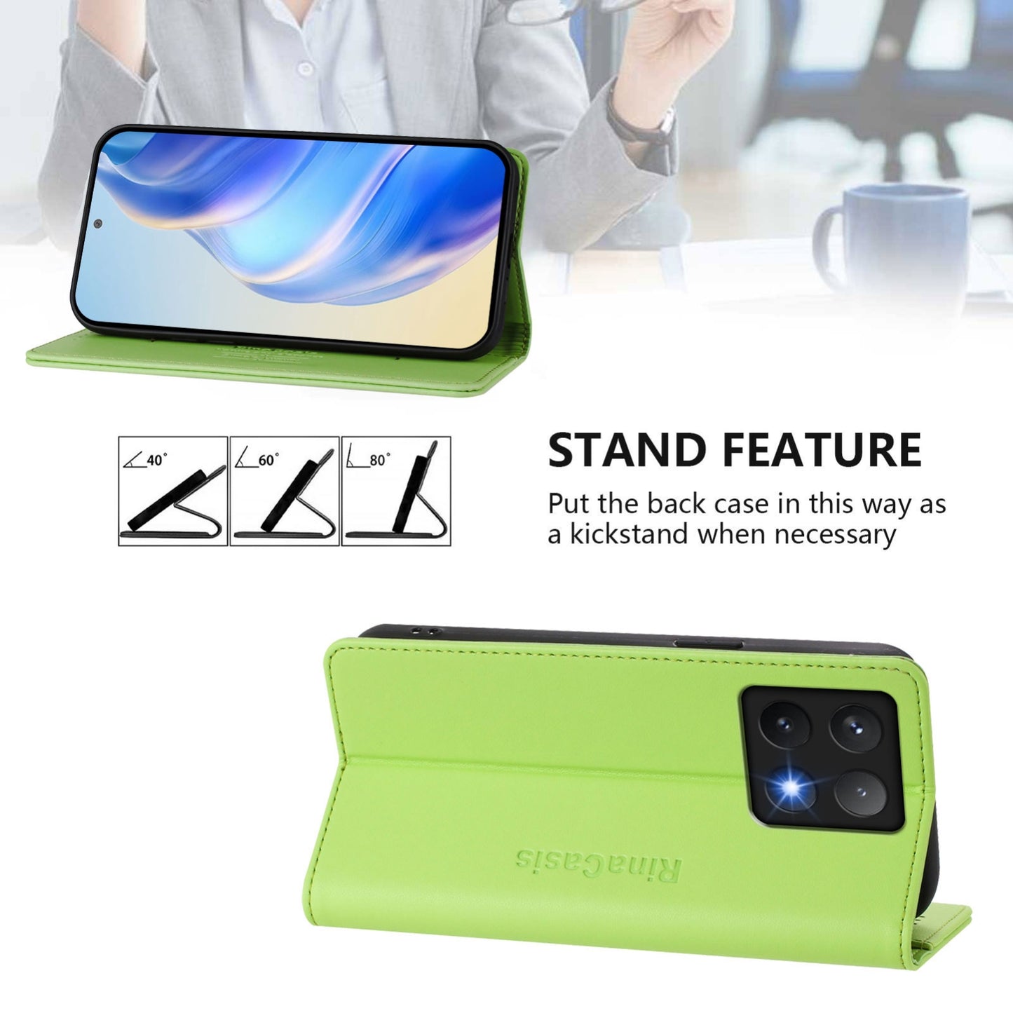 Xiaomi 14T Dual-Folded Magnetic Suction RFID Blocking PU Leather Wallet Phone Case with Card Slots, Cash Pocket, Kickstand, Full Protective Flip Cover