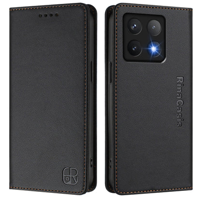 Xiaomi 14T Dual-Folded Magnetic Suction RFID Blocking PU Leather Wallet Phone Case with Card Slots, Cash Pocket, Kickstand, Full Protective Flip Cover