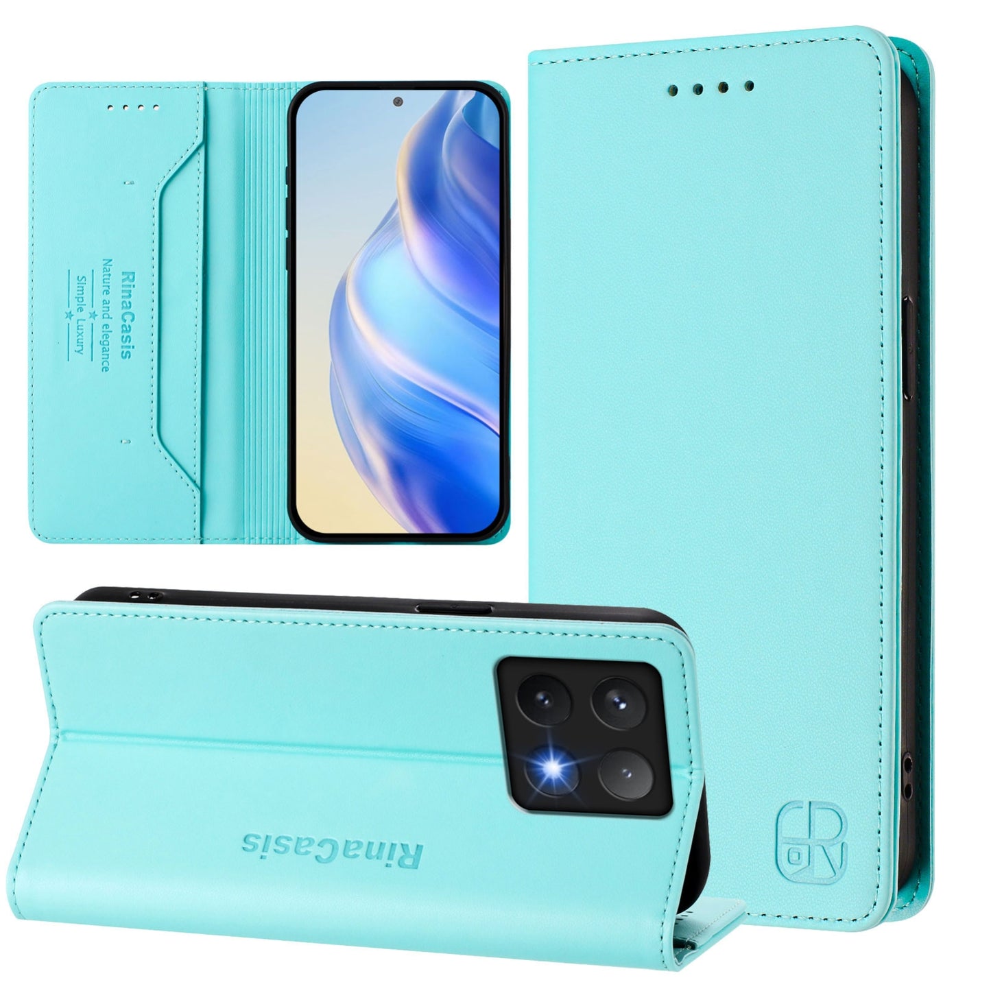 Xiaomi 14T Pro Dual-Folded Magnetic Suction RFID Blocking PU Leather Wallet Phone Case with Card Slots, Cash Pocket, Kickstand, Full Protective Flip Cover