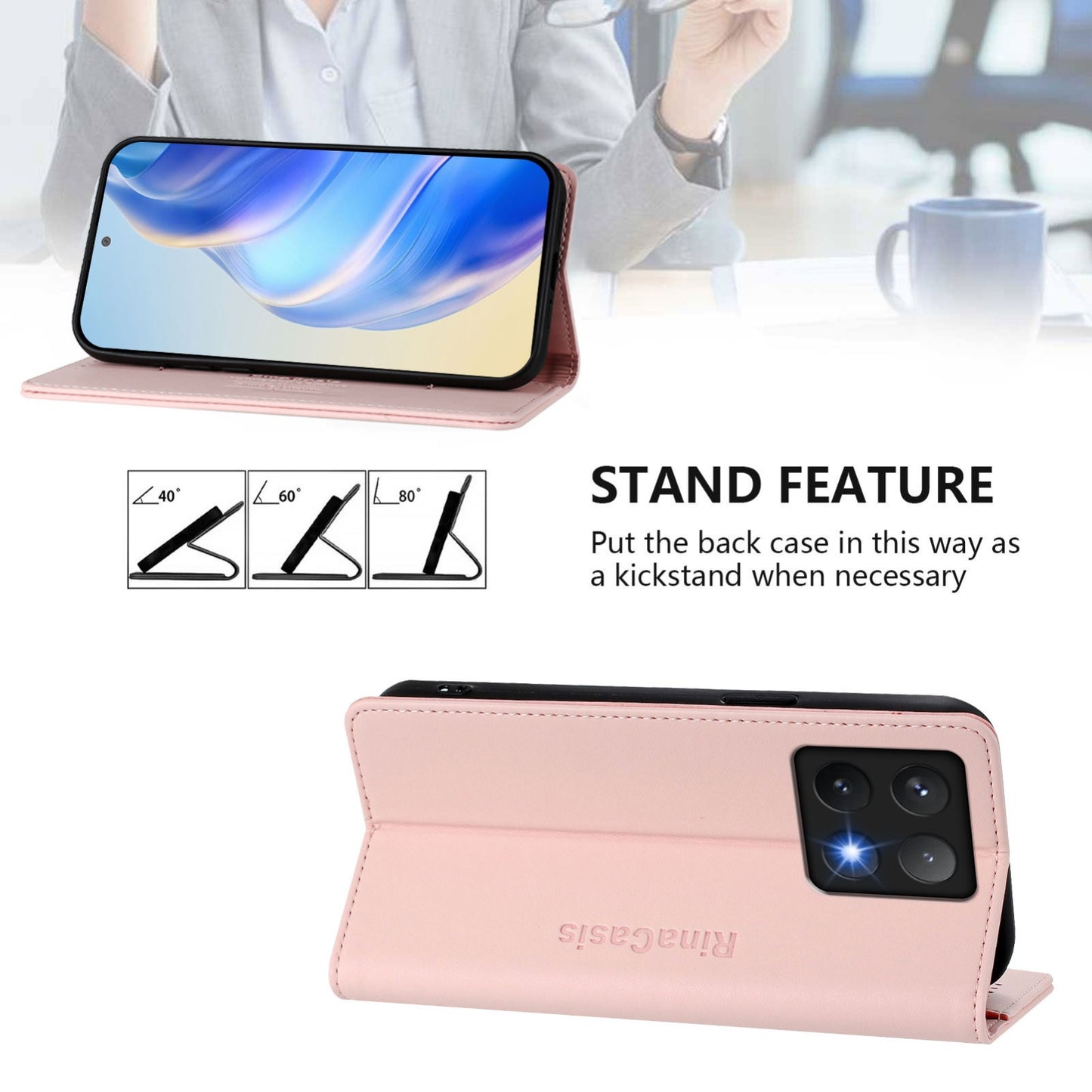 Xiaomi 14T Pro Dual-Folded Magnetic Suction RFID Blocking PU Leather Wallet Phone Case with Card Slots, Cash Pocket, Kickstand, Full Protective Flip Cover