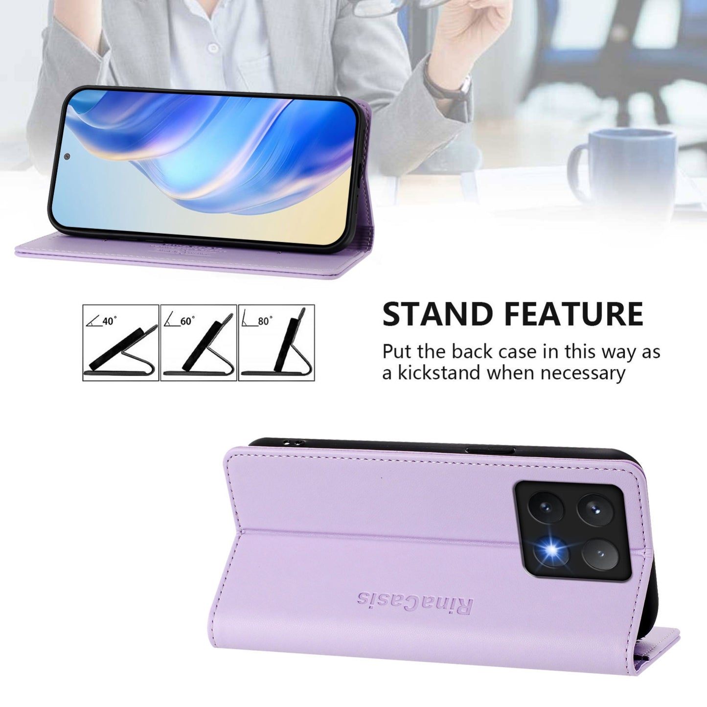 Xiaomi 14T Pro Dual-Folded Magnetic Suction RFID Blocking PU Leather Wallet Phone Case with Card Slots, Cash Pocket, Kickstand, Full Protective Flip Cover