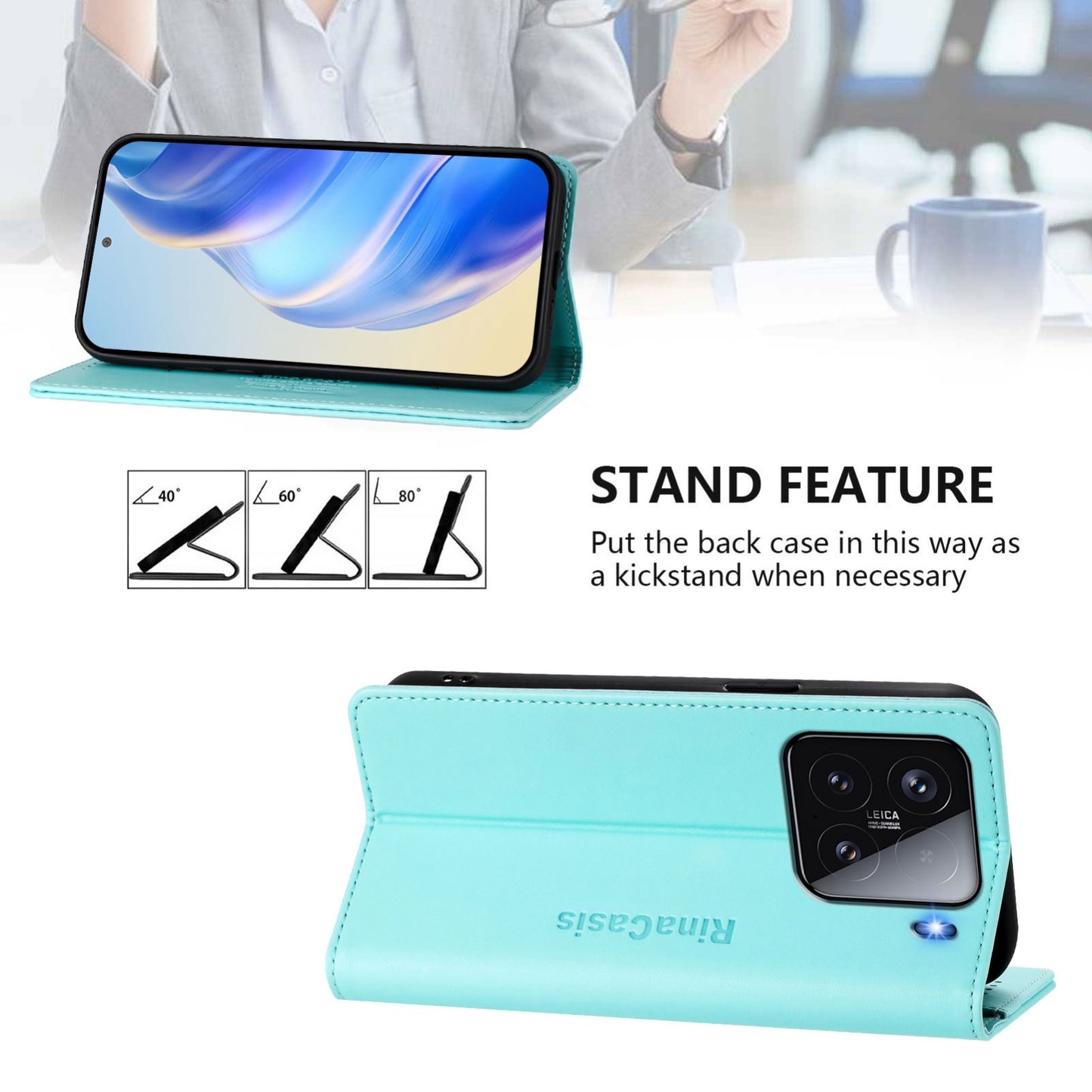 Xiaomi 15 Dual-Folded Magnetic Suction RFID Blocking PU Leather Wallet Phone Case with Card Slots, Cash Pocket, Kickstand, Full Protective Flip Cover