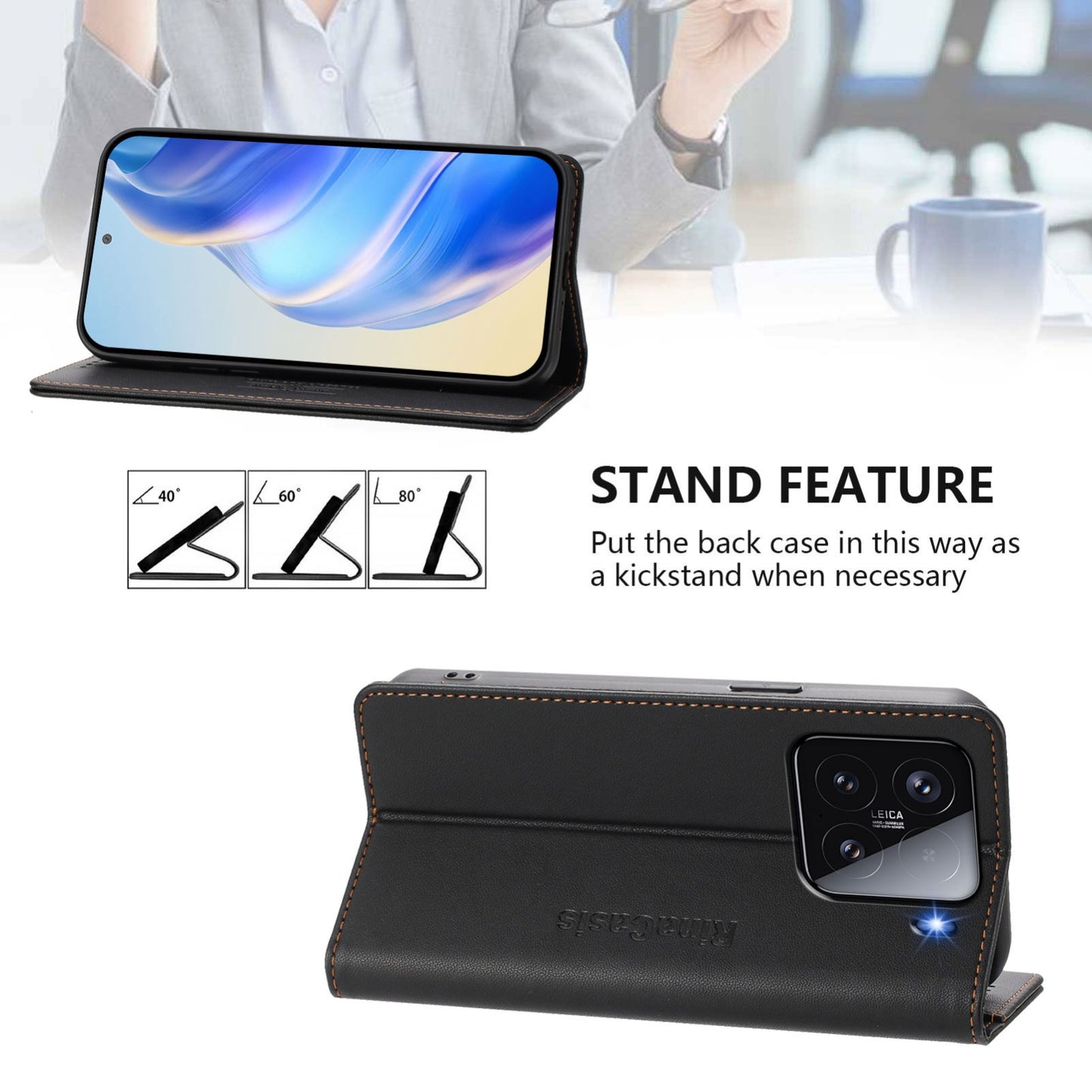 Xiaomi 15 Dual-Folded Magnetic Suction RFID Blocking PU Leather Wallet Phone Case with Card Slots, Cash Pocket, Kickstand, Full Protective Flip Cover