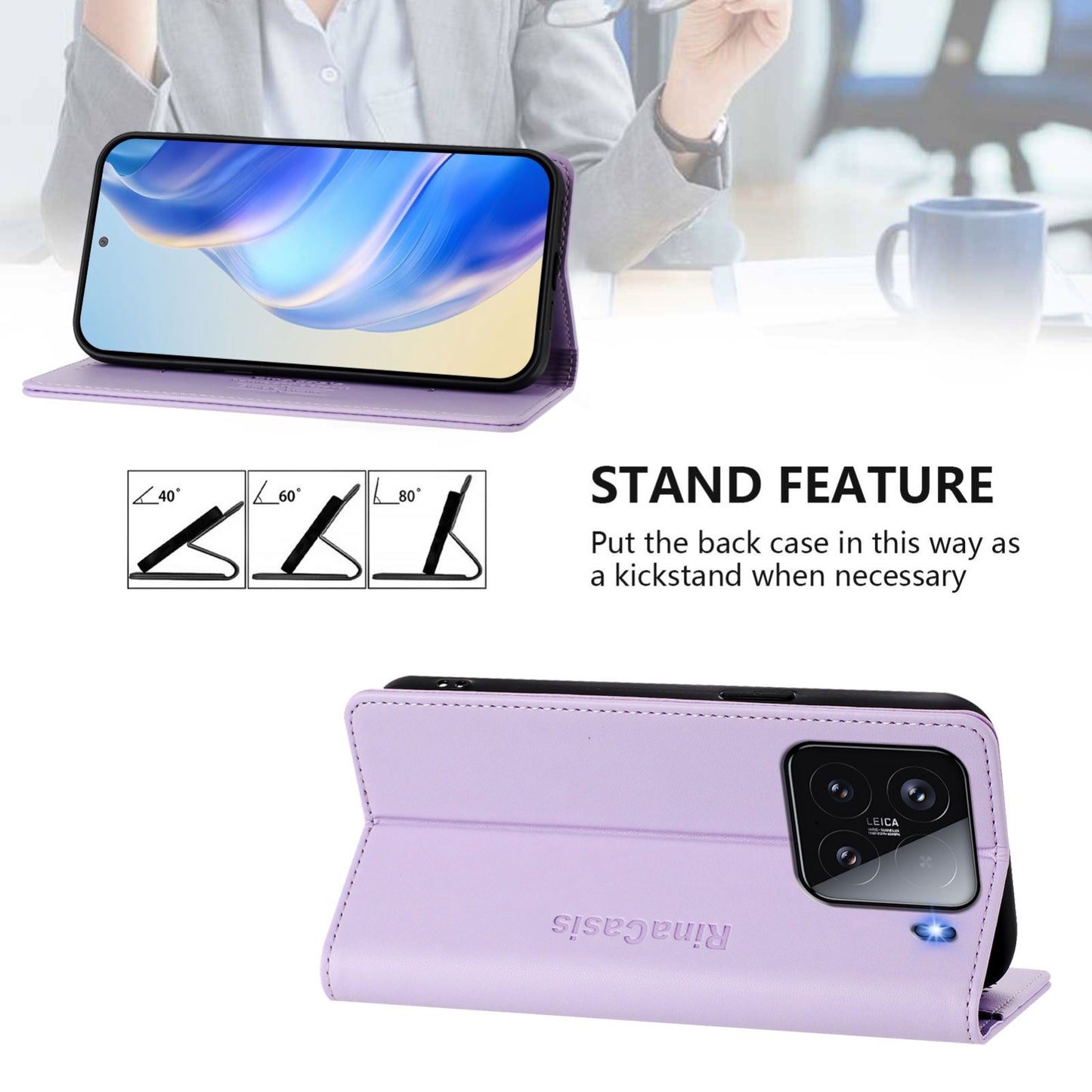 Xiaomi 15 Dual-Folded Magnetic Suction RFID Blocking PU Leather Wallet Phone Case with Card Slots, Cash Pocket, Kickstand, Full Protective Flip Cover