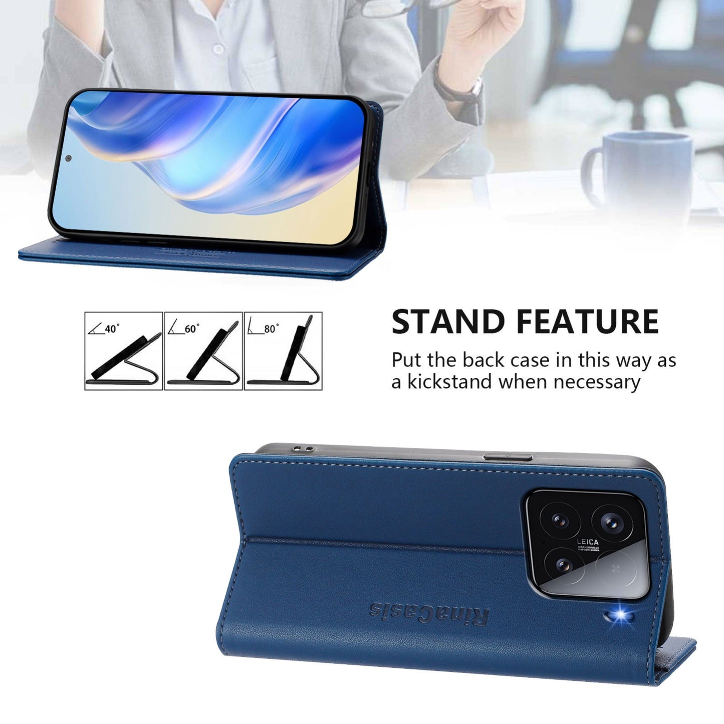 Xiaomi 15 Dual-Folded Magnetic Suction RFID Blocking PU Leather Wallet Phone Case with Card Slots, Cash Pocket, Kickstand, Full Protective Flip Cover