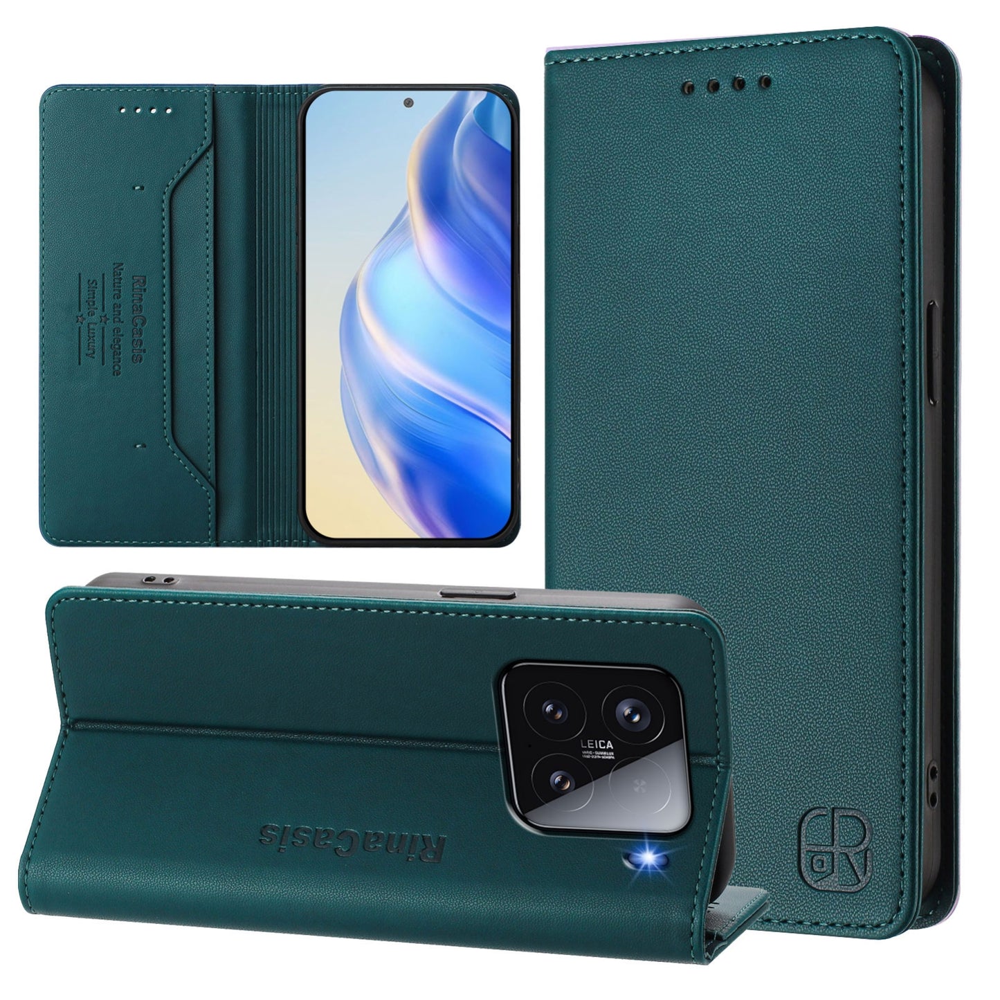 Xiaomi 15 Dual-Folded Magnetic Suction RFID Blocking PU Leather Wallet Phone Case with Card Slots, Cash Pocket, Kickstand, Full Protective Flip Cover