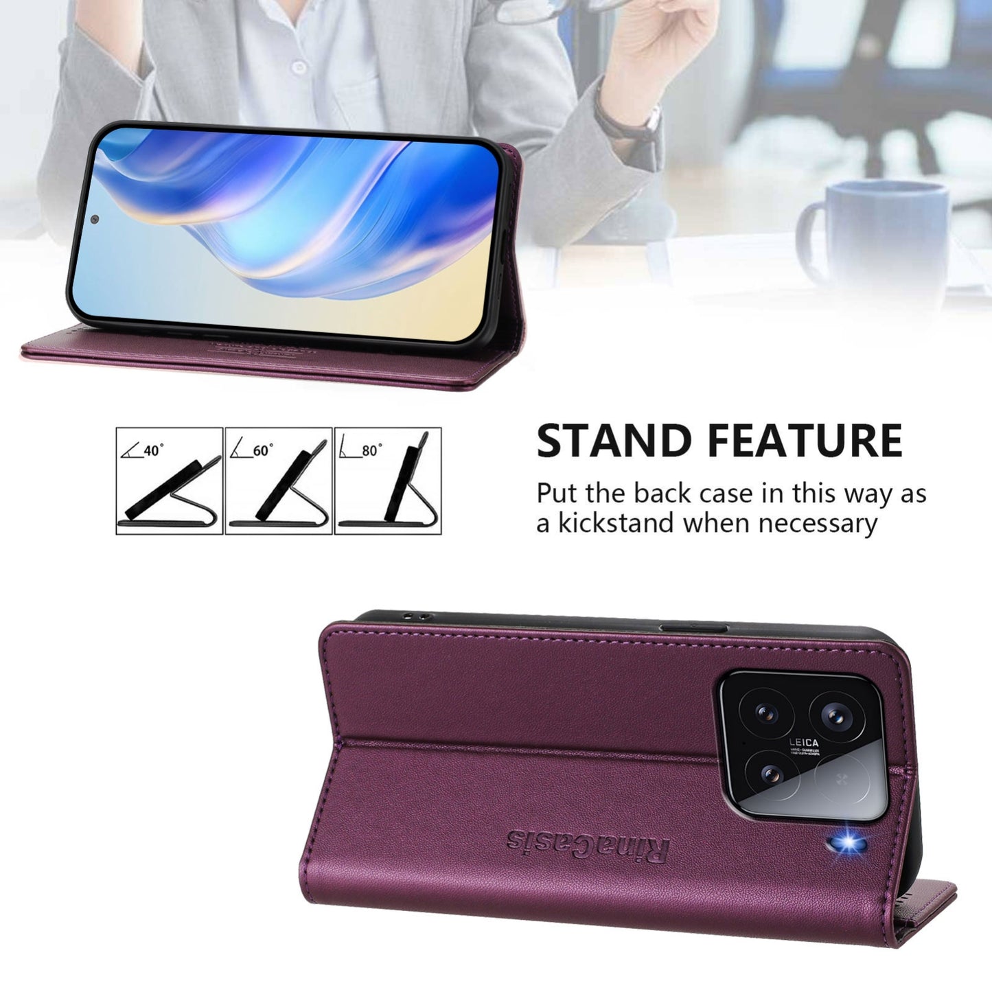 Xiaomi 15 Dual-Folded Magnetic Suction RFID Blocking PU Leather Wallet Phone Case with Card Slots, Cash Pocket, Kickstand, Full Protective Flip Cover