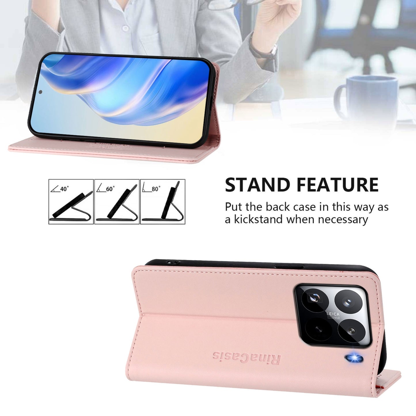 Xiaomi 15 Pro Dual-Folded Magnetic Suction RFID Blocking PU Leather Wallet Phone Case with Card Slots, Cash Pocket, Kickstand, Full Protective Flip Cover