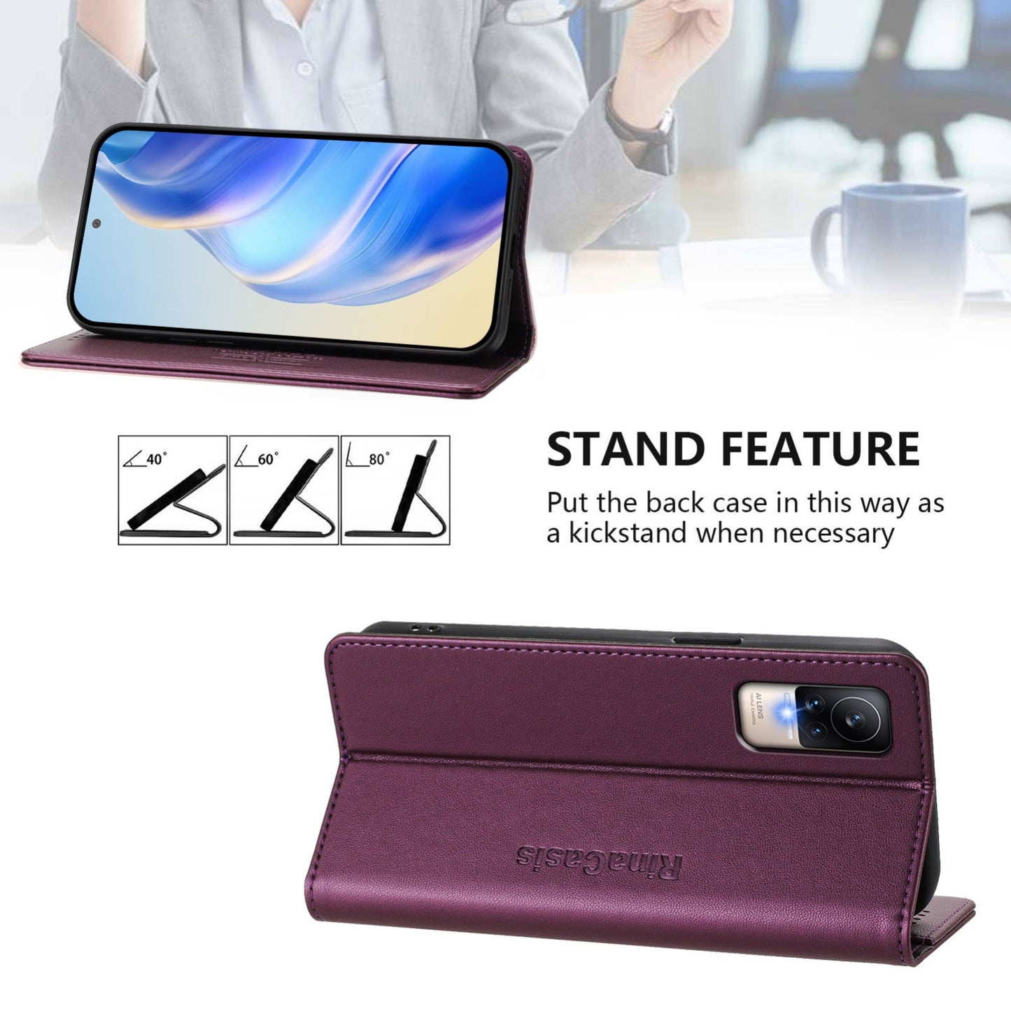 Xiaomi Civi 1S Dual-Folded Magnetic Suction RFID Blocking PU Leather Wallet Phone Case with Card Slots, Cash Pocket, Kickstand, Full Protective Flip Cover