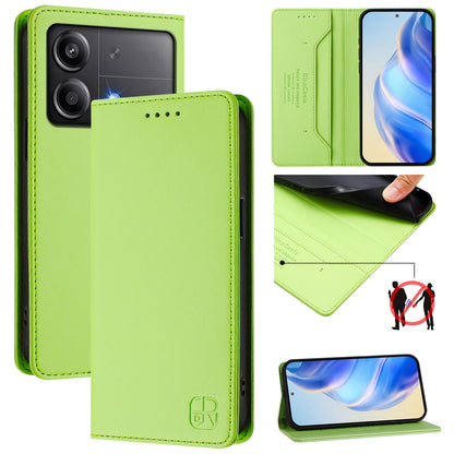 Xiaomi Poco X6 Neo 5G Dual-Folded Magnetic Suction RFID Blocking PU Leather Wallet Phone Case with Card Slots, Cash Pocket, Kickstand, Full Protective Flip Cover