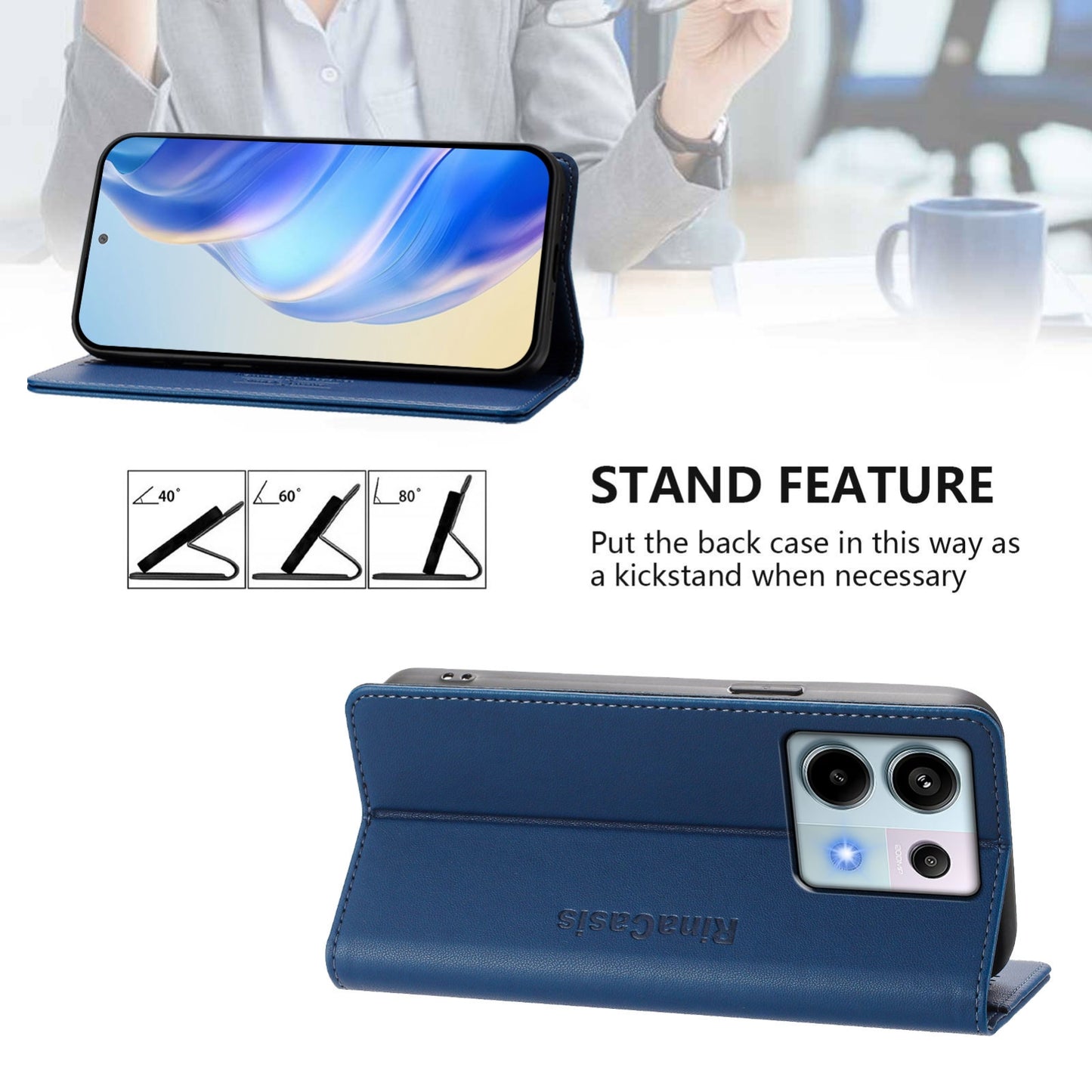 Xiaomi Poco X6 Neo 5G Dual-Folded Magnetic Suction RFID Blocking PU Leather Wallet Phone Case with Card Slots, Cash Pocket, Kickstand, Full Protective Flip Cover