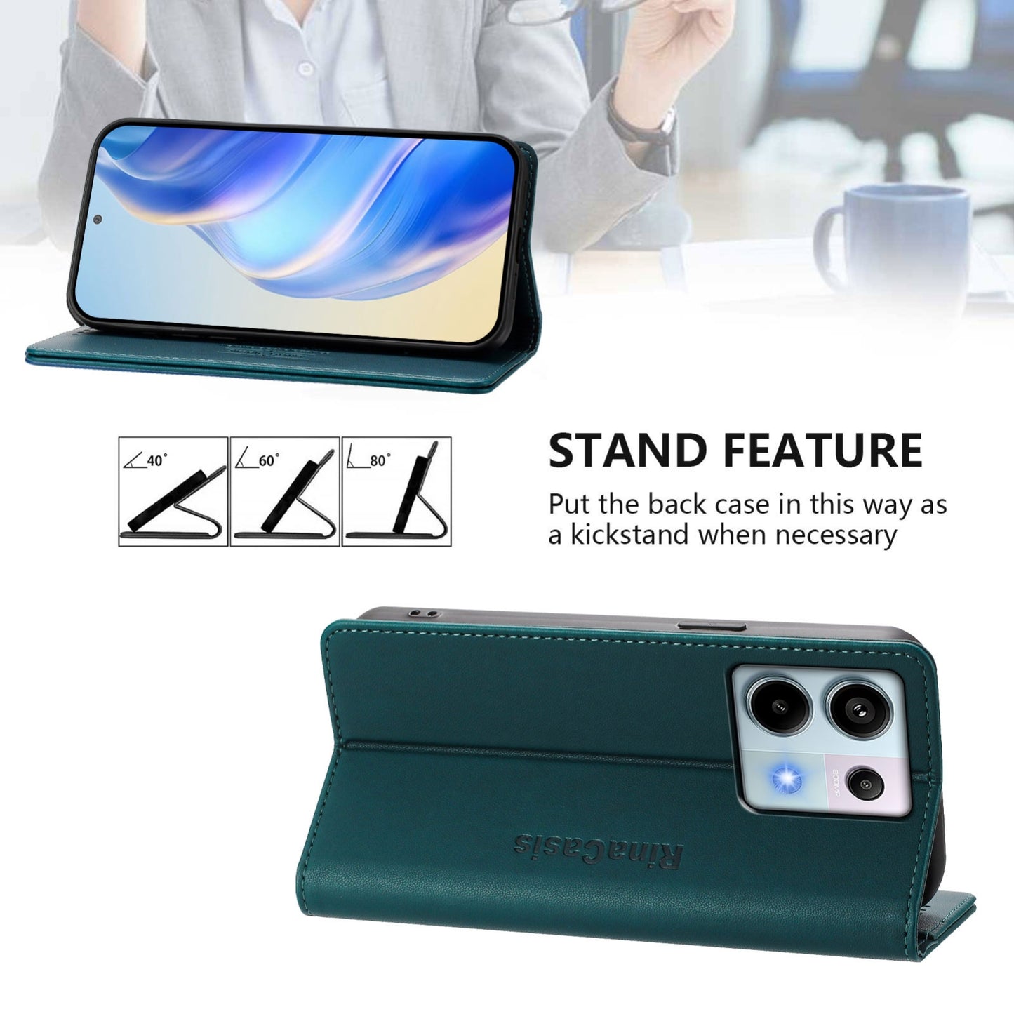 Xiaomi Poco X6 Neo 5G Dual-Folded Magnetic Suction RFID Blocking PU Leather Wallet Phone Case with Card Slots, Cash Pocket, Kickstand, Full Protective Flip Cover