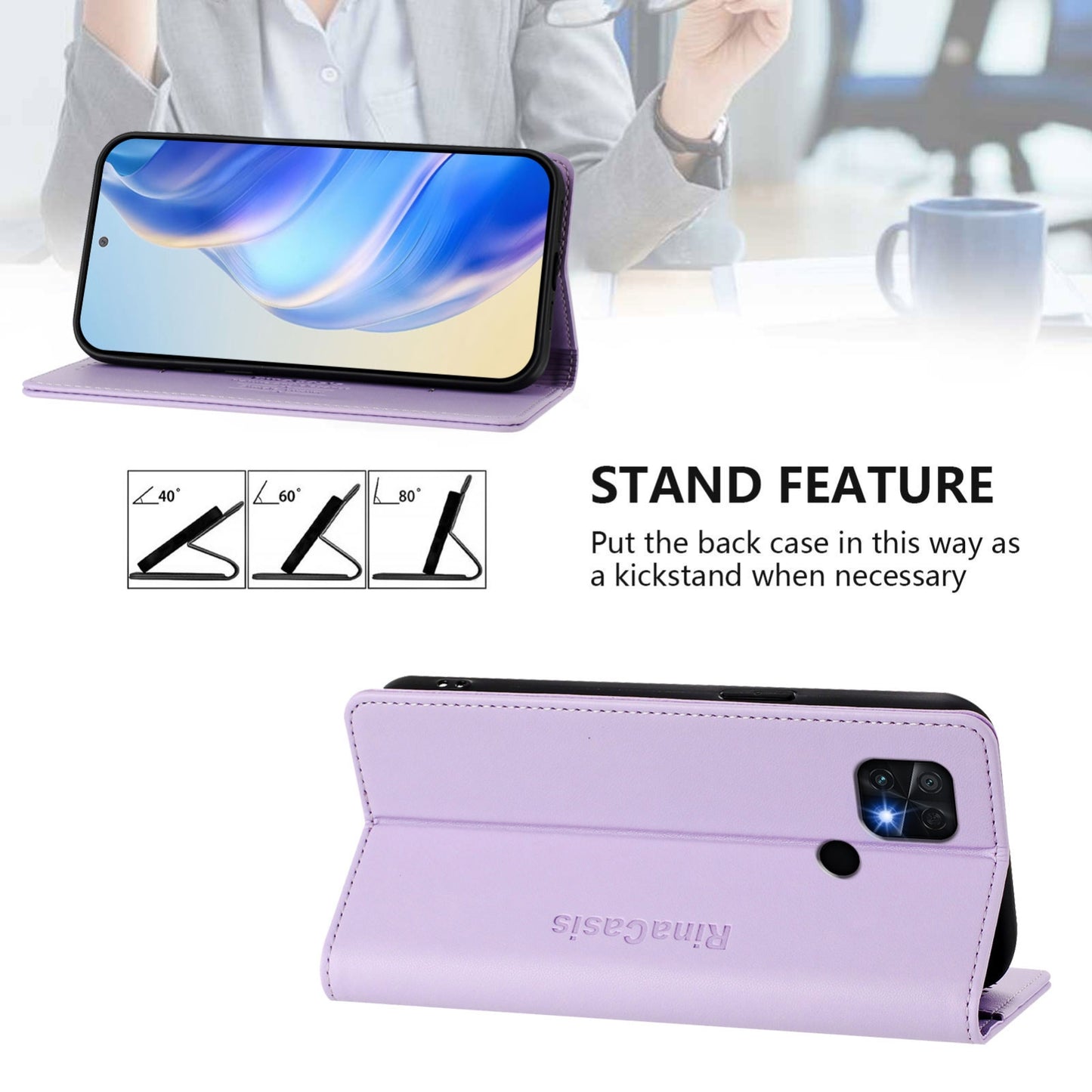 Xiaomi Poco C40 Dual-Folded Magnetic Suction RFID Blocking PU Leather Wallet Phone Case with Card Slots, Cash Pocket, Kickstand, Full Protective Flip Cover
