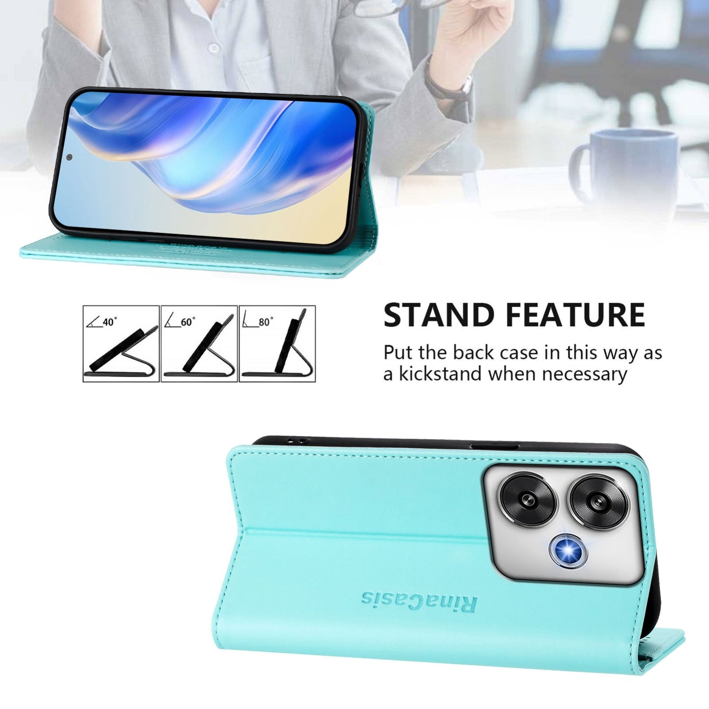 Xiaomi Poco F6 5G Dual-Folded Magnetic Suction RFID Blocking PU Leather Wallet Phone Case with Card Slots, Cash Pocket, Kickstand, Full Protective Flip Cover
