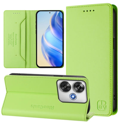 Xiaomi Poco F6 5G Dual-Folded Magnetic Suction RFID Blocking PU Leather Wallet Phone Case with Card Slots, Cash Pocket, Kickstand, Full Protective Flip Cover
