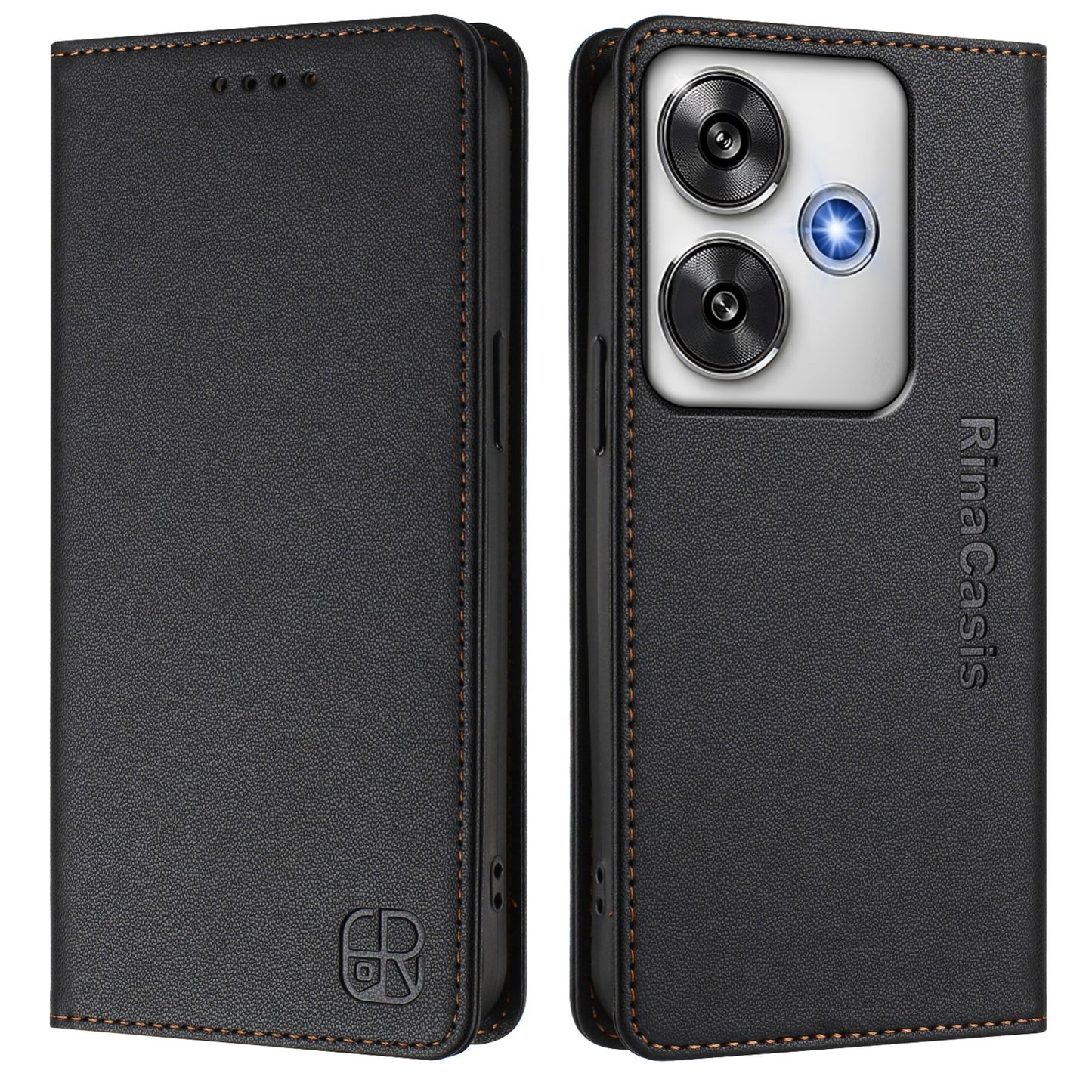 Xiaomi Poco F6 5G Dual-Folded Magnetic Suction RFID Blocking PU Leather Wallet Phone Case with Card Slots, Cash Pocket, Kickstand, Full Protective Flip Cover