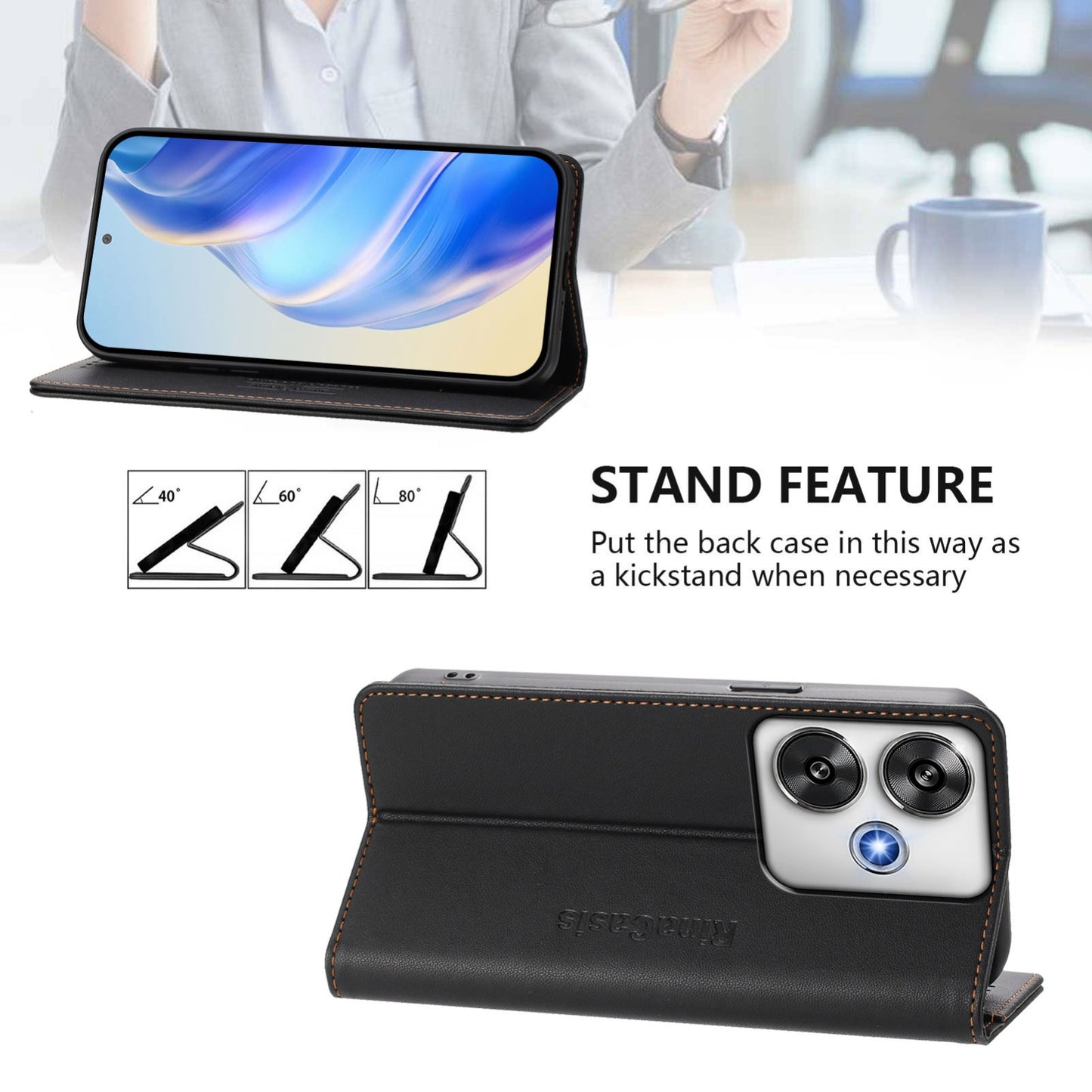 Xiaomi Poco F6 5G Dual-Folded Magnetic Suction RFID Blocking PU Leather Wallet Phone Case with Card Slots, Cash Pocket, Kickstand, Full Protective Flip Cover
