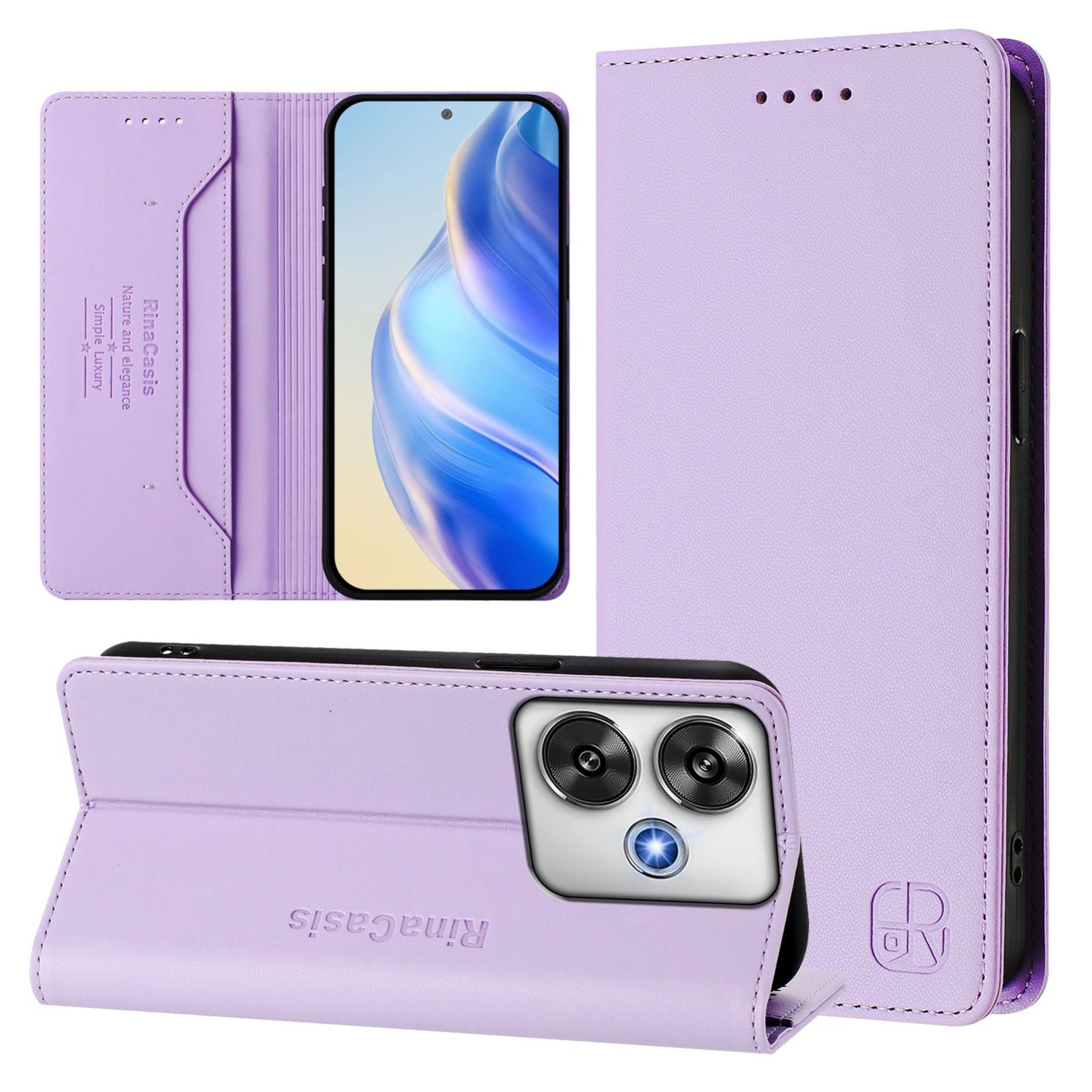 Xiaomi Poco F6 5G Dual-Folded Magnetic Suction RFID Blocking PU Leather Wallet Phone Case with Card Slots, Cash Pocket, Kickstand, Full Protective Flip Cover