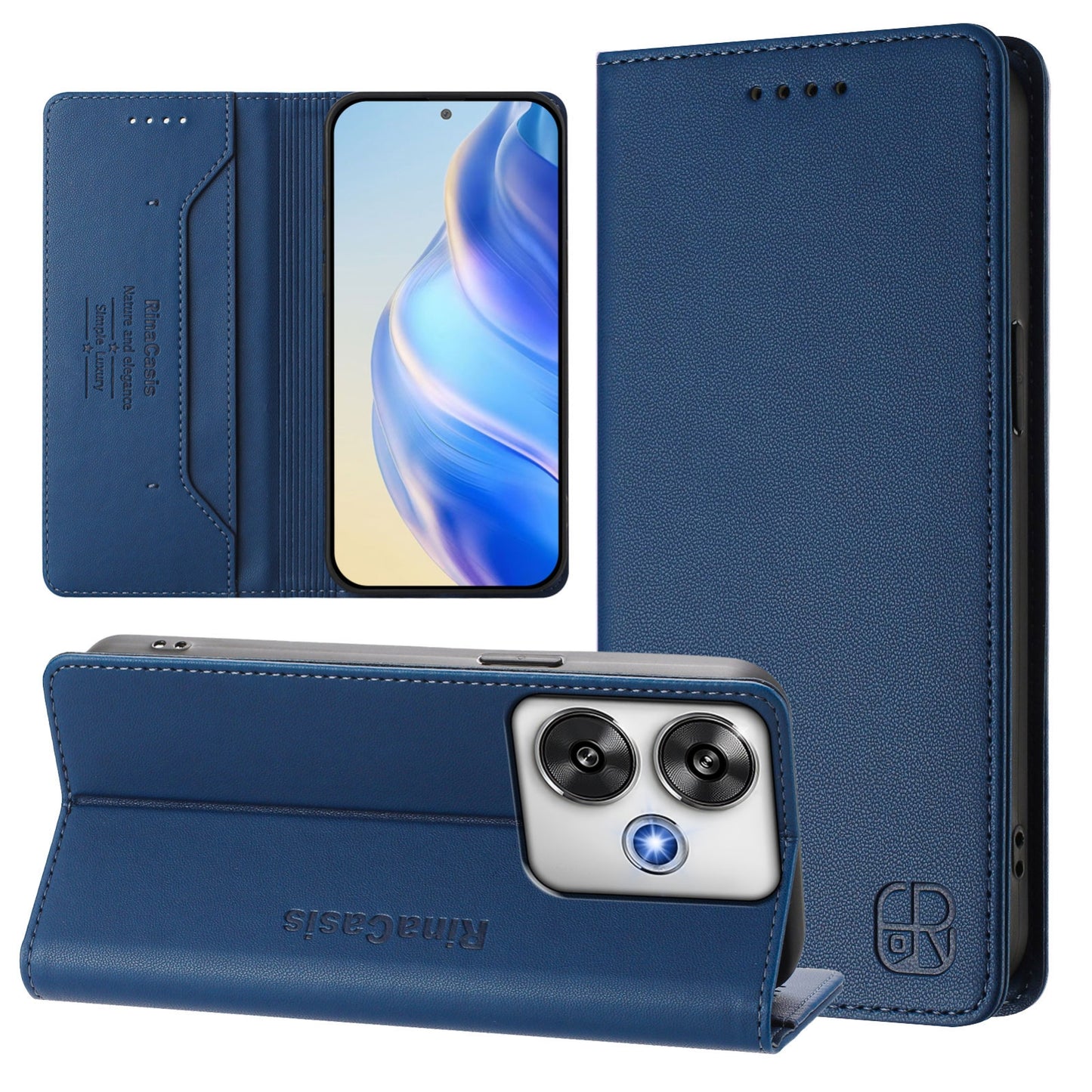 Xiaomi Poco F6 5G Dual-Folded Magnetic Suction RFID Blocking PU Leather Wallet Phone Case with Card Slots, Cash Pocket, Kickstand, Full Protective Flip Cover