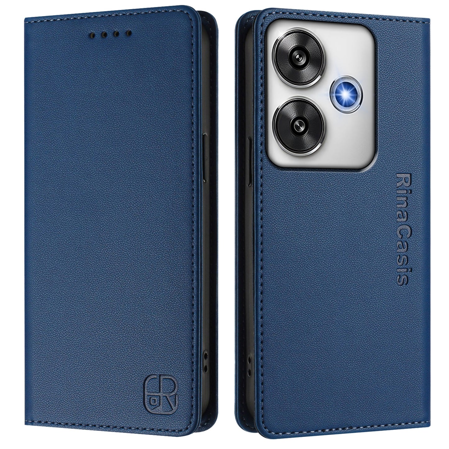 Xiaomi Poco F6 5G Dual-Folded Magnetic Suction RFID Blocking PU Leather Wallet Phone Case with Card Slots, Cash Pocket, Kickstand, Full Protective Flip Cover