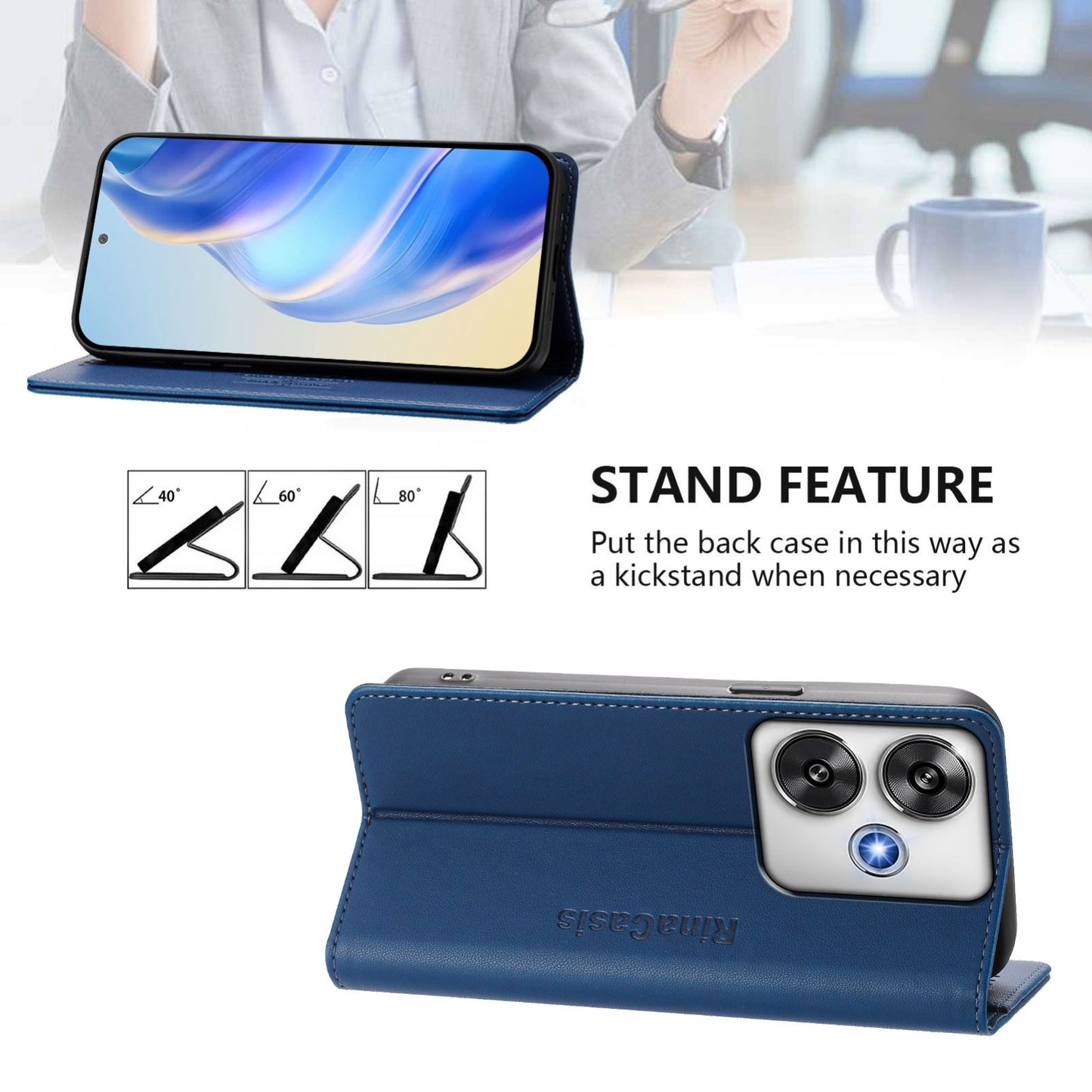 Xiaomi Poco F6 5G Dual-Folded Magnetic Suction RFID Blocking PU Leather Wallet Phone Case with Card Slots, Cash Pocket, Kickstand, Full Protective Flip Cover