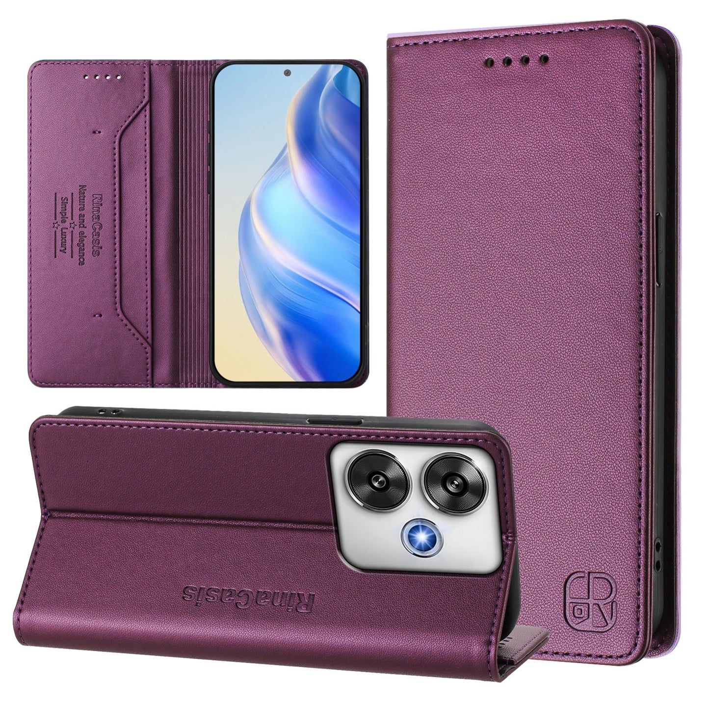 Xiaomi Poco F6 5G Dual-Folded Magnetic Suction RFID Blocking PU Leather Wallet Phone Case with Card Slots, Cash Pocket, Kickstand, Full Protective Flip Cover