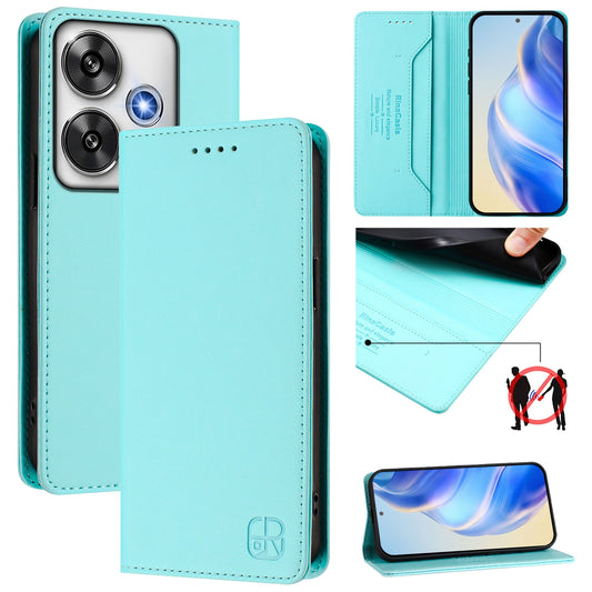 Xiaomi Poco F6 Pro 5G Dual-Folded Magnetic Suction RFID Blocking PU Leather Wallet Phone Case with Card Slots, Cash Pocket, Kickstand, Full Protective Flip Cover
