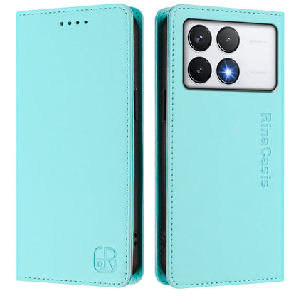 Xiaomi Poco F6 Pro 5G Dual-Folded Magnetic Suction RFID Blocking PU Leather Wallet Phone Case with Card Slots, Cash Pocket, Kickstand, Full Protective Flip Cover