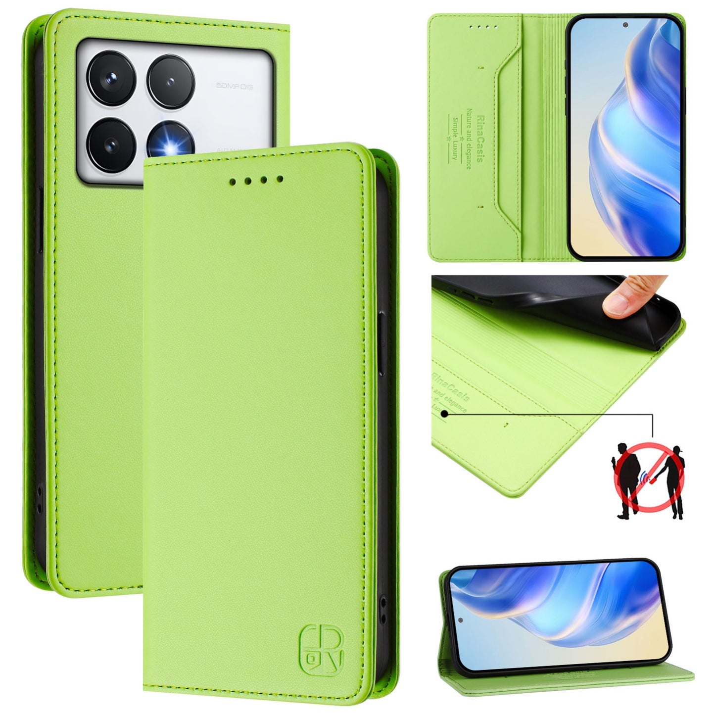 Xiaomi Poco F6 Pro 5G Dual-Folded Magnetic Suction RFID Blocking PU Leather Wallet Phone Case with Card Slots, Cash Pocket, Kickstand, Full Protective Flip Cover
