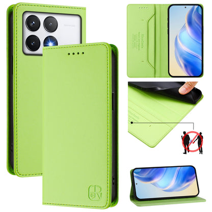 Xiaomi Poco F6 Pro 5G Dual-Folded Magnetic Suction RFID Blocking PU Leather Wallet Phone Case with Card Slots, Cash Pocket, Kickstand, Full Protective Flip Cover