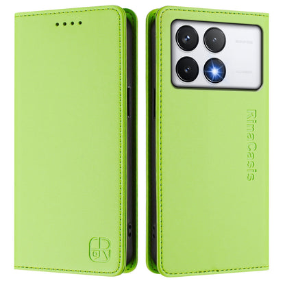 Xiaomi Poco F6 Pro 5G Dual-Folded Magnetic Suction RFID Blocking PU Leather Wallet Phone Case with Card Slots, Cash Pocket, Kickstand, Full Protective Flip Cover