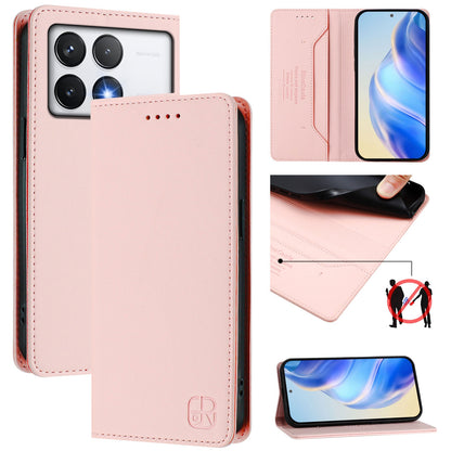 Xiaomi Poco F6 Pro 5G Dual-Folded Magnetic Suction RFID Blocking PU Leather Wallet Phone Case with Card Slots, Cash Pocket, Kickstand, Full Protective Flip Cover