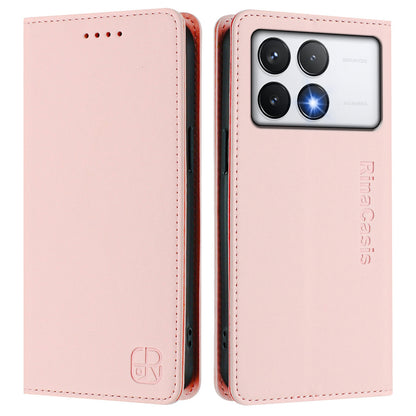 Xiaomi Poco F6 Pro 5G Dual-Folded Magnetic Suction RFID Blocking PU Leather Wallet Phone Case with Card Slots, Cash Pocket, Kickstand, Full Protective Flip Cover