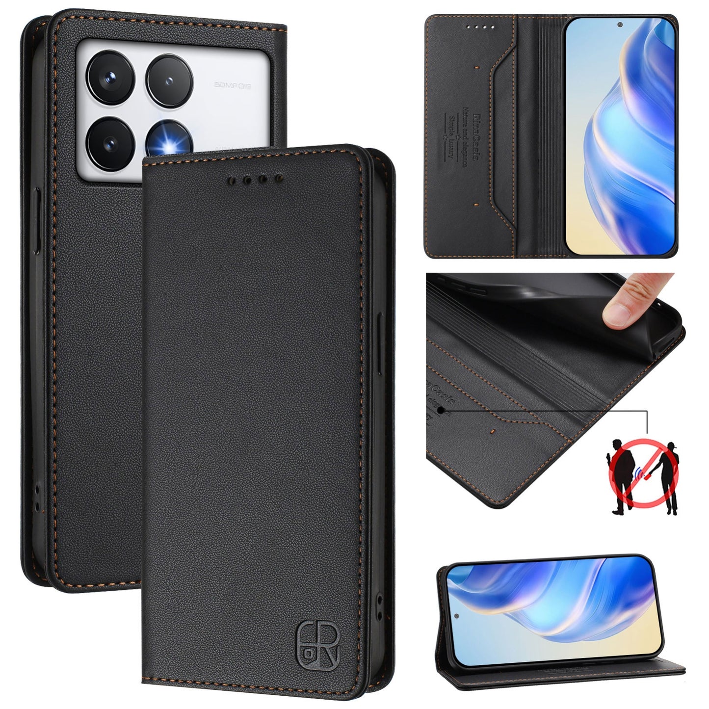 Xiaomi Poco F6 Pro 5G Dual-Folded Magnetic Suction RFID Blocking PU Leather Wallet Phone Case with Card Slots, Cash Pocket, Kickstand, Full Protective Flip Cover