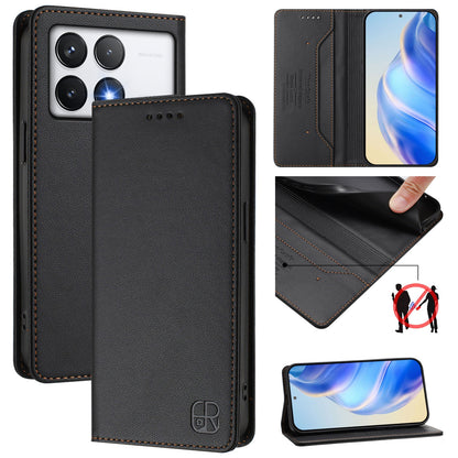 Xiaomi Poco F6 Pro 5G Dual-Folded Magnetic Suction RFID Blocking PU Leather Wallet Phone Case with Card Slots, Cash Pocket, Kickstand, Full Protective Flip Cover
