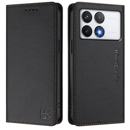 Xiaomi Poco F6 Pro 5G Dual-Folded Magnetic Suction RFID Blocking PU Leather Wallet Phone Case with Card Slots, Cash Pocket, Kickstand, Full Protective Flip Cover