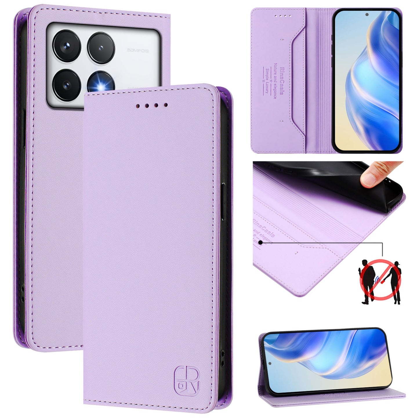 Xiaomi Poco F6 Pro 5G Dual-Folded Magnetic Suction RFID Blocking PU Leather Wallet Phone Case with Card Slots, Cash Pocket, Kickstand, Full Protective Flip Cover
