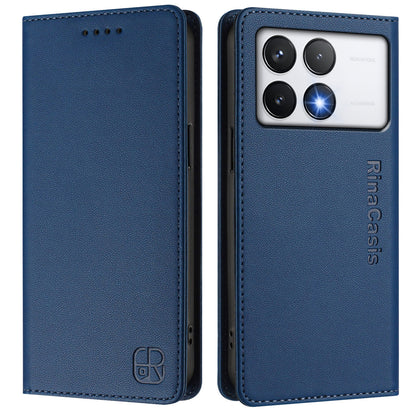Xiaomi Poco F6 Pro 5G Dual-Folded Magnetic Suction RFID Blocking PU Leather Wallet Phone Case with Card Slots, Cash Pocket, Kickstand, Full Protective Flip Cover