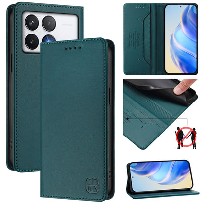 Xiaomi Poco F6 Pro 5G Dual-Folded Magnetic Suction RFID Blocking PU Leather Wallet Phone Case with Card Slots, Cash Pocket, Kickstand, Full Protective Flip Cover