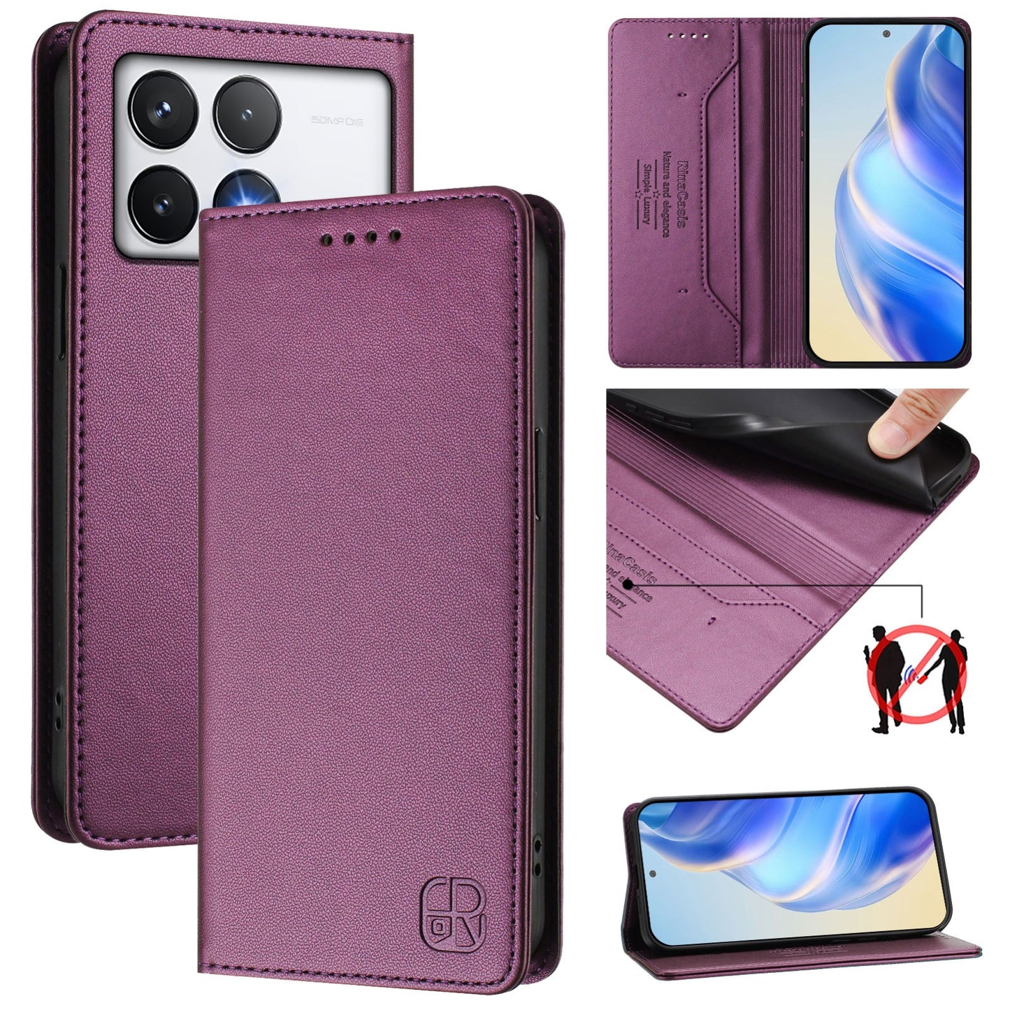 Xiaomi Poco F6 Pro 5G Dual-Folded Magnetic Suction RFID Blocking PU Leather Wallet Phone Case with Card Slots, Cash Pocket, Kickstand, Full Protective Flip Cover