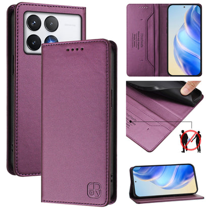 Xiaomi Poco F6 Pro 5G Dual-Folded Magnetic Suction RFID Blocking PU Leather Wallet Phone Case with Card Slots, Cash Pocket, Kickstand, Full Protective Flip Cover