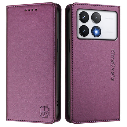 Xiaomi Poco F6 Pro 5G Dual-Folded Magnetic Suction RFID Blocking PU Leather Wallet Phone Case with Card Slots, Cash Pocket, Kickstand, Full Protective Flip Cover